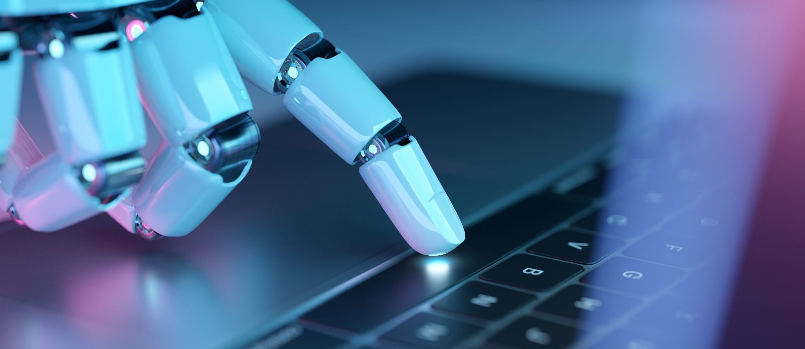 robotic,hand,pressing,a,keyboard,on,a,laptop.,cyborg,fingers